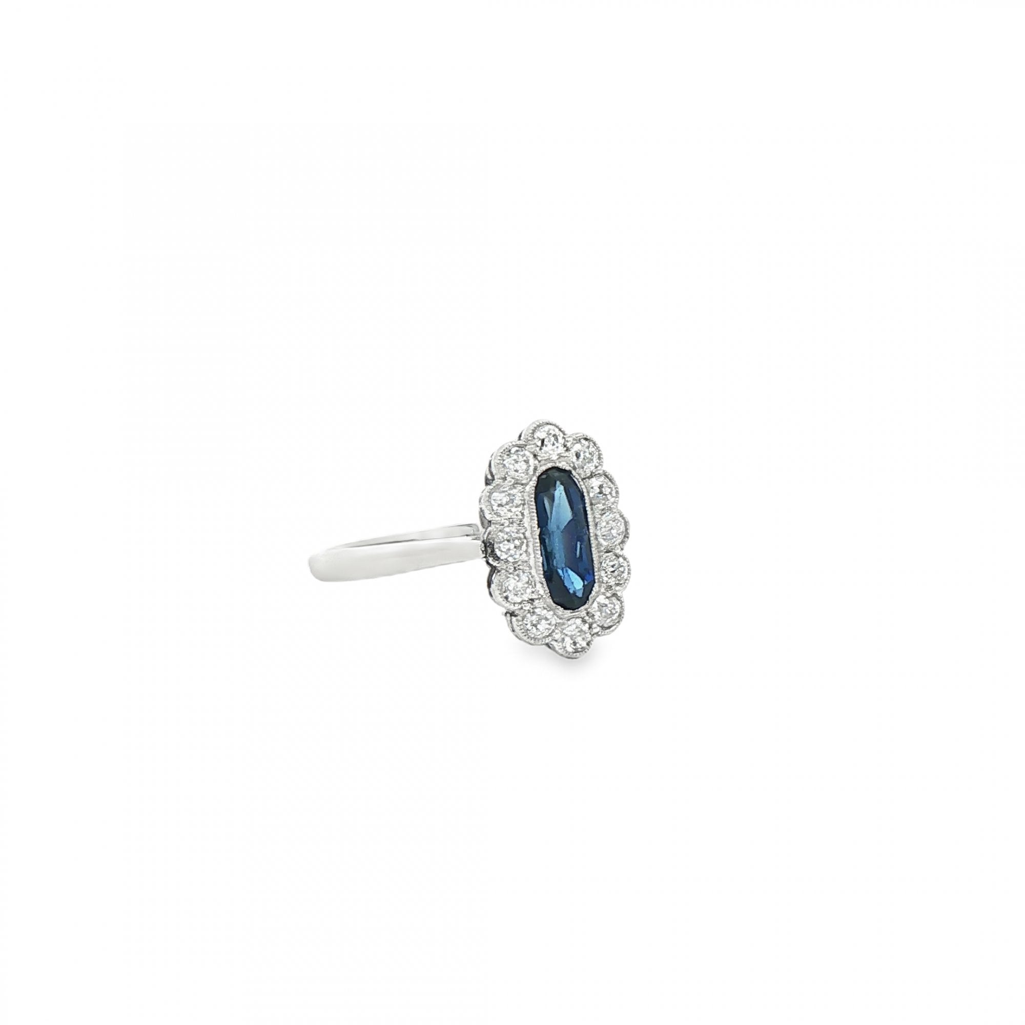 Platinum Vintage Art Deco Style Platinum narrow oval Sapphire and Natural Diamond grain set ring