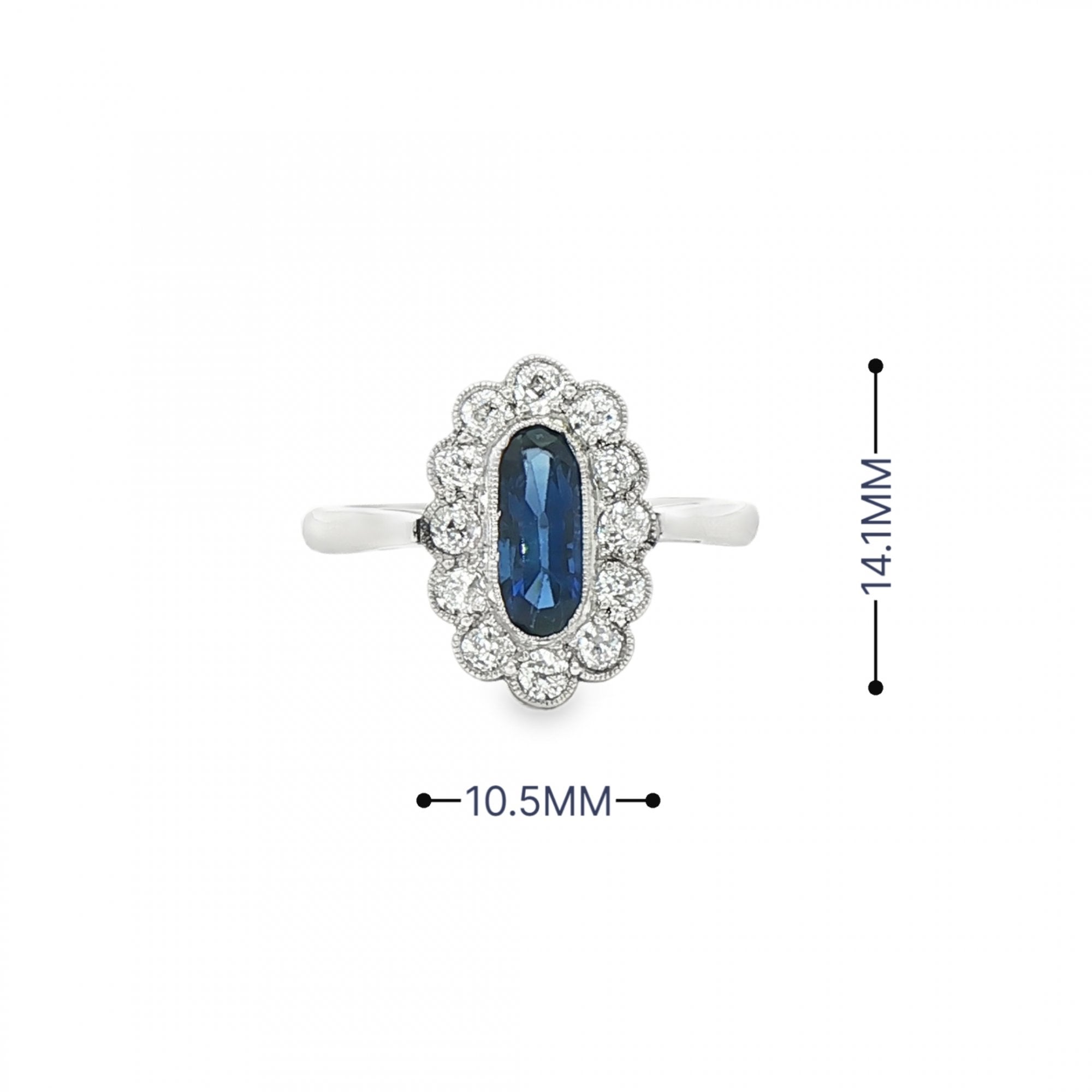 Platinum Vintage Art Deco Style Platinum narrow oval Sapphire and Natural Diamond grain set ring
