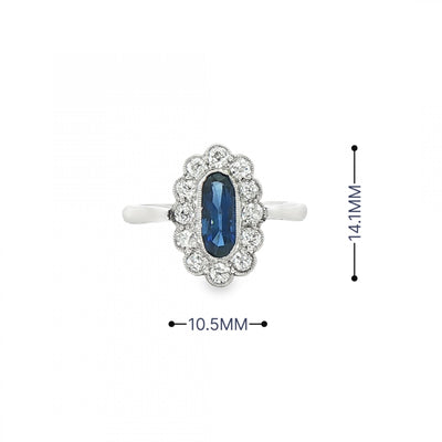 Platinum Vintage Art Deco Style Platinum narrow oval Sapphire and Natural Diamond grain set ring