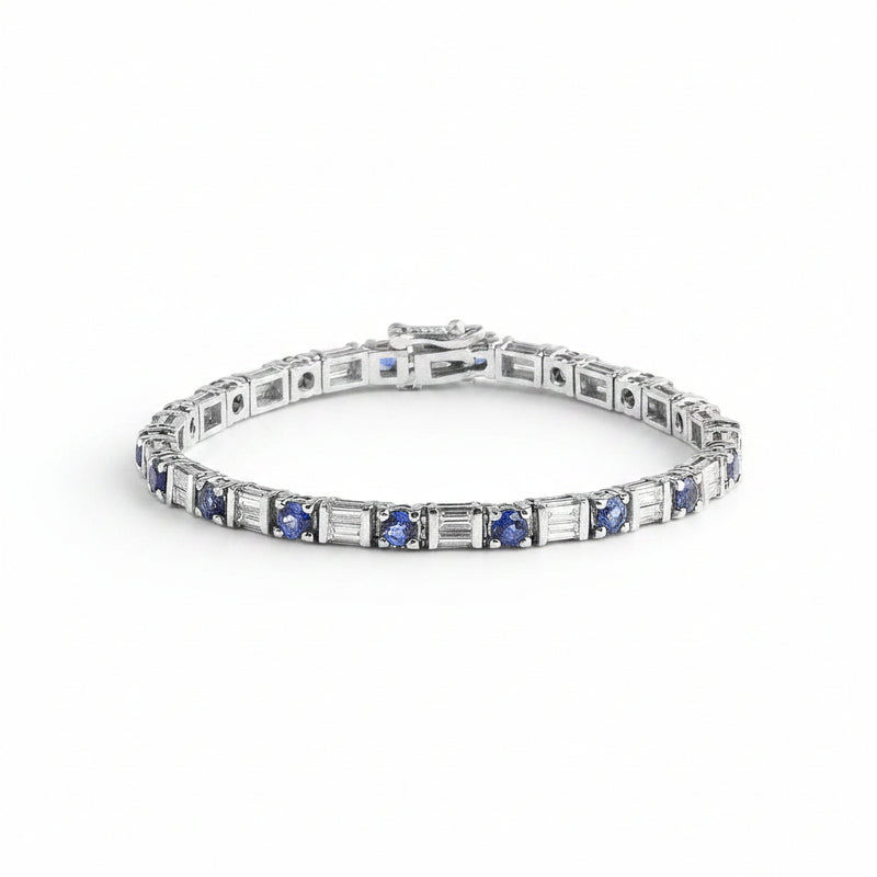 Platinum Baguette Cut Natural Diamond and Round Sapphire Line Bracelet