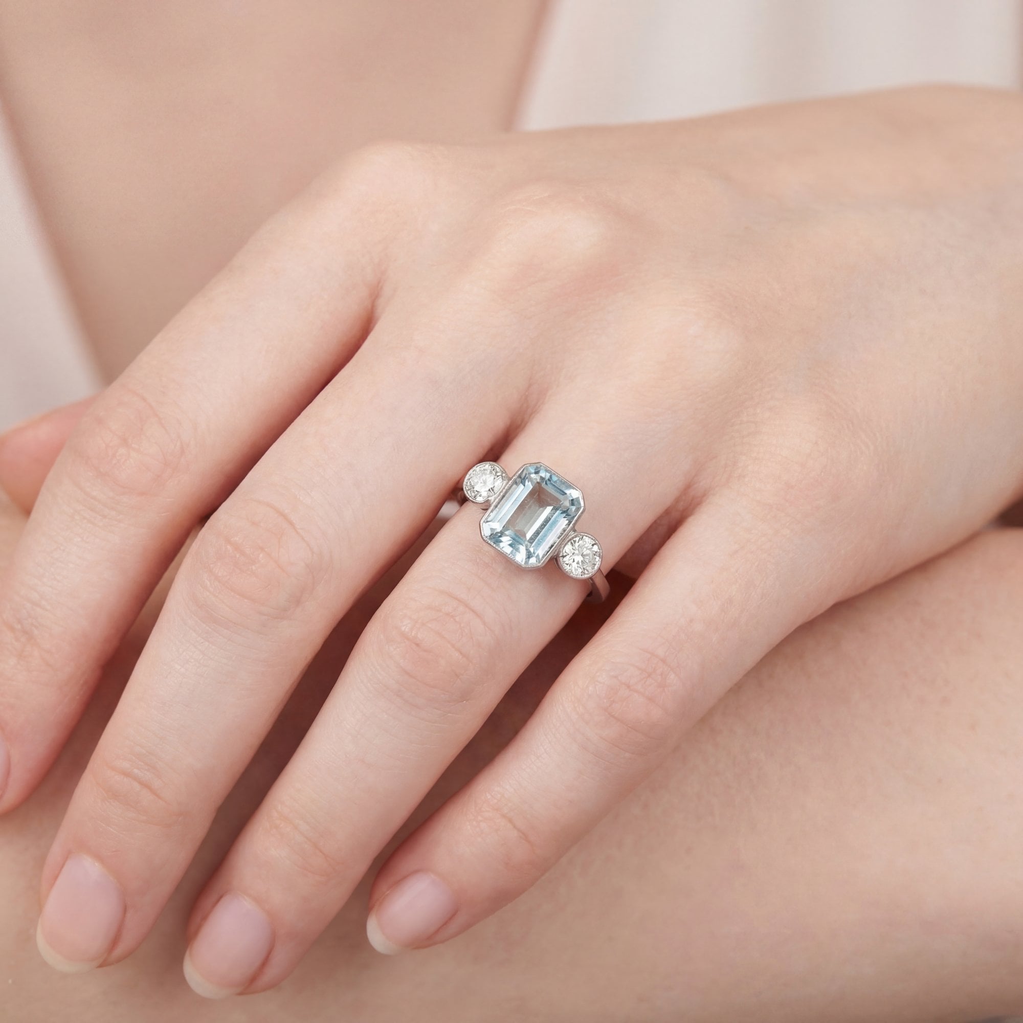 Platinum Three Stone Aquamarine & Natural Diamond Dress Ring