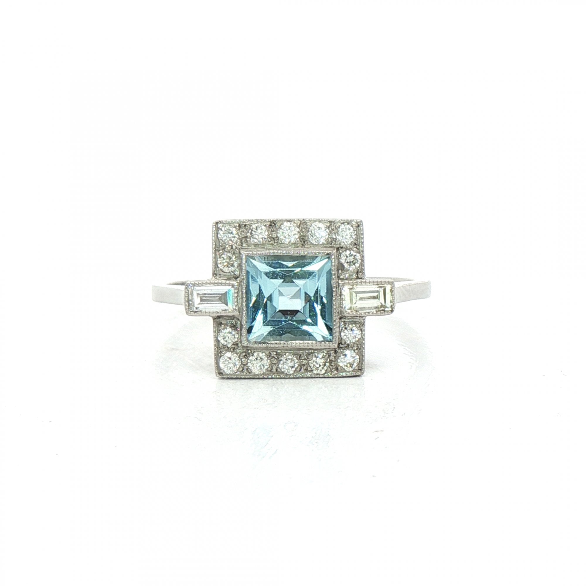 Princess Cut Aquamarine & Natural Diamond Cluster Halo with Baguettes Dress Ring in Platinum