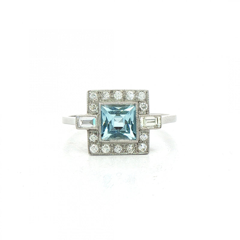 Princess Cut Aquamarine & Natural Diamond Cluster Halo with Baguettes Dress Ring in Platinum