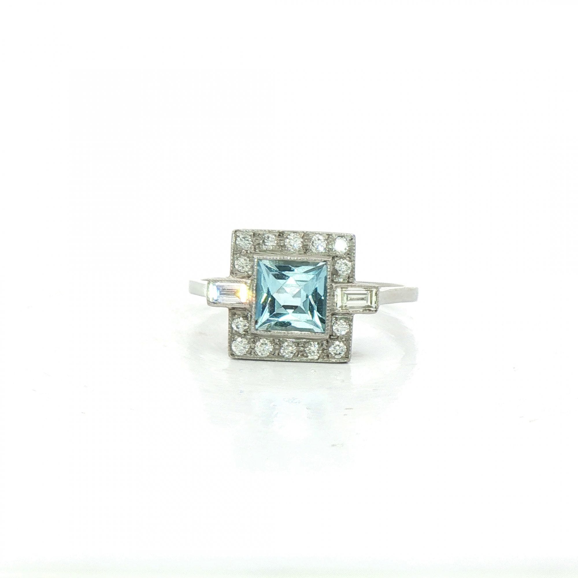 Princess Cut Aquamarine & Natural Diamond Cluster Halo with Baguettes Dress Ring in Platinum