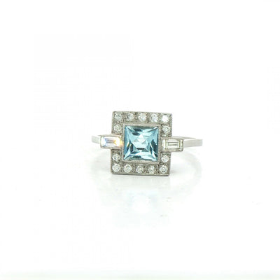Princess Cut Aquamarine & Natural Diamond Cluster Halo with Baguettes Dress Ring in Platinum