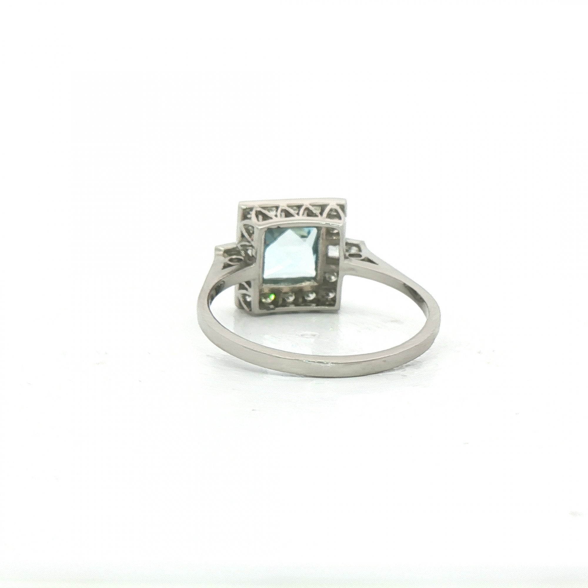 Princess Cut Aquamarine & Natural Diamond Cluster Halo with Baguettes Dress Ring in Platinum