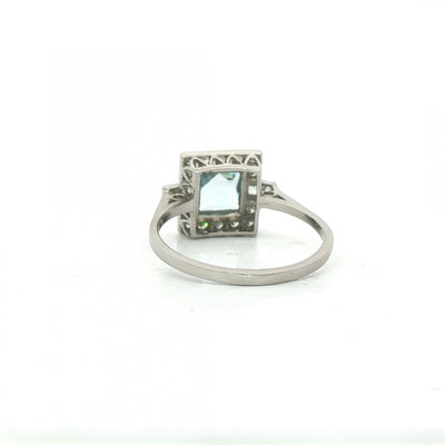 Princess Cut Aquamarine & Natural Diamond Cluster Halo with Baguettes Dress Ring in Platinum