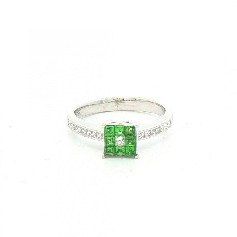 Princess Cut Demontoide Green Garnet & Natural Diamond Shoulders Ring in 18ct White Gold