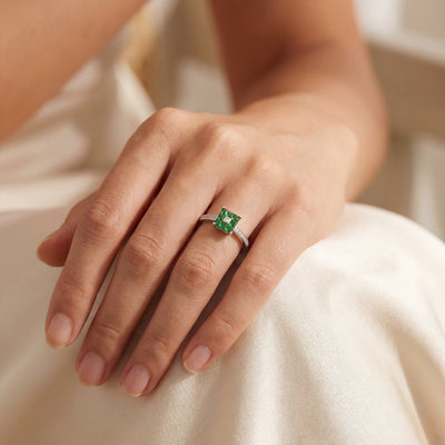 Princess Cut Demontoide Green Garnet & Natural Diamond Shoulders Ring in 18ct White Gold