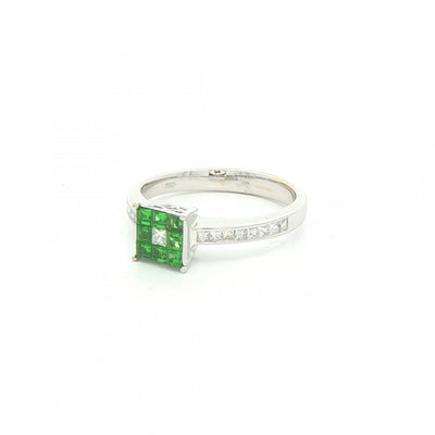 Princess Cut Demontoide Green Garnet & Natural Diamond Shoulders Ring in 18ct White Gold