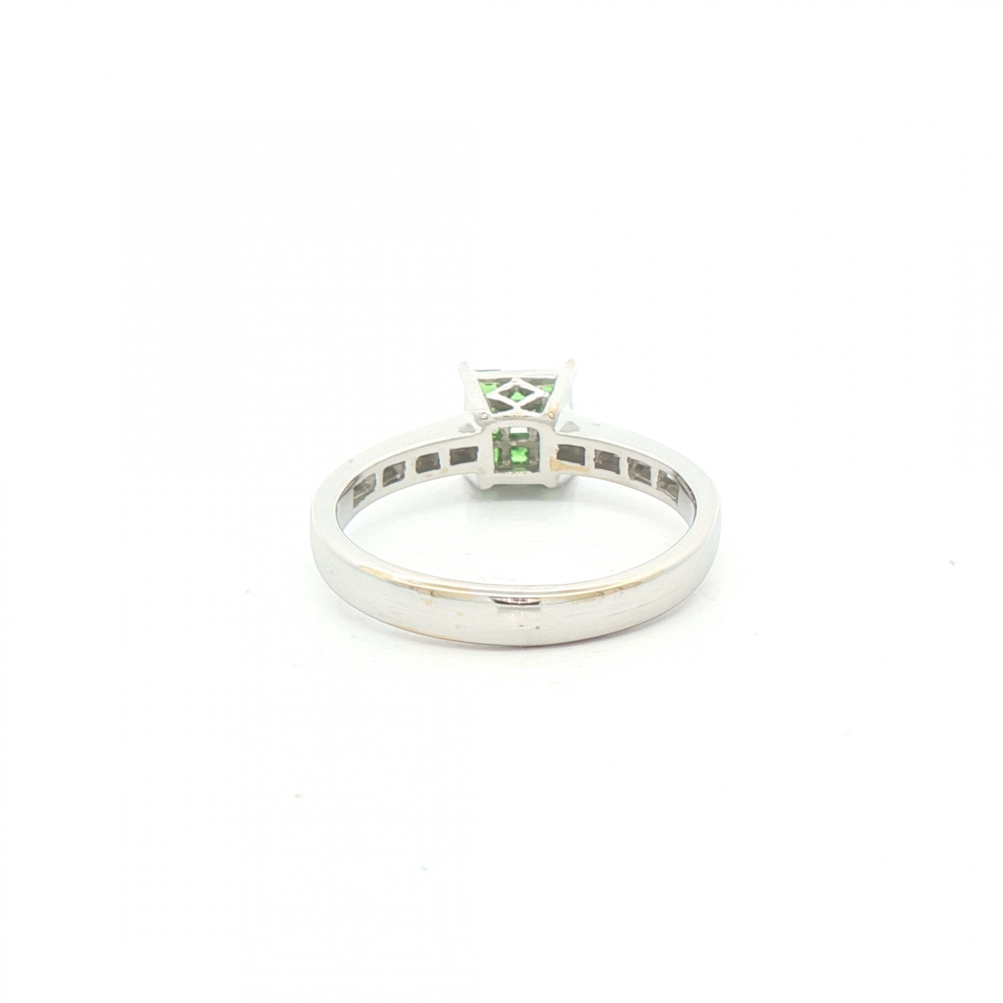 Princess Cut Demontoide Green Garnet & Natural Diamond Shoulders Ring in 18ct White Gold