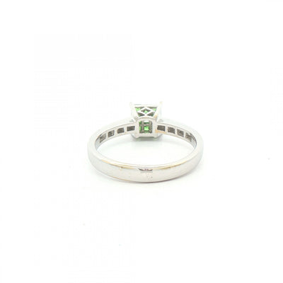 Princess Cut Demontoide Green Garnet & Natural Diamond Shoulders Ring in 18ct White Gold