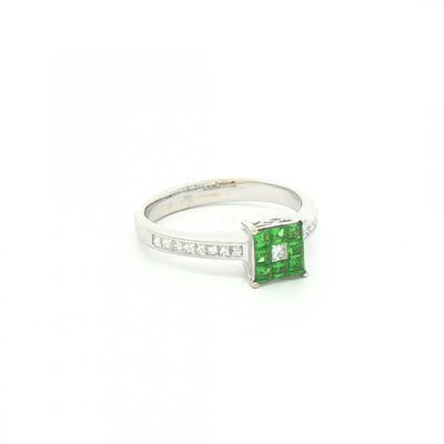 Princess Cut Demontoide Green Garnet & Natural Diamond Shoulders Ring in 18ct White Gold