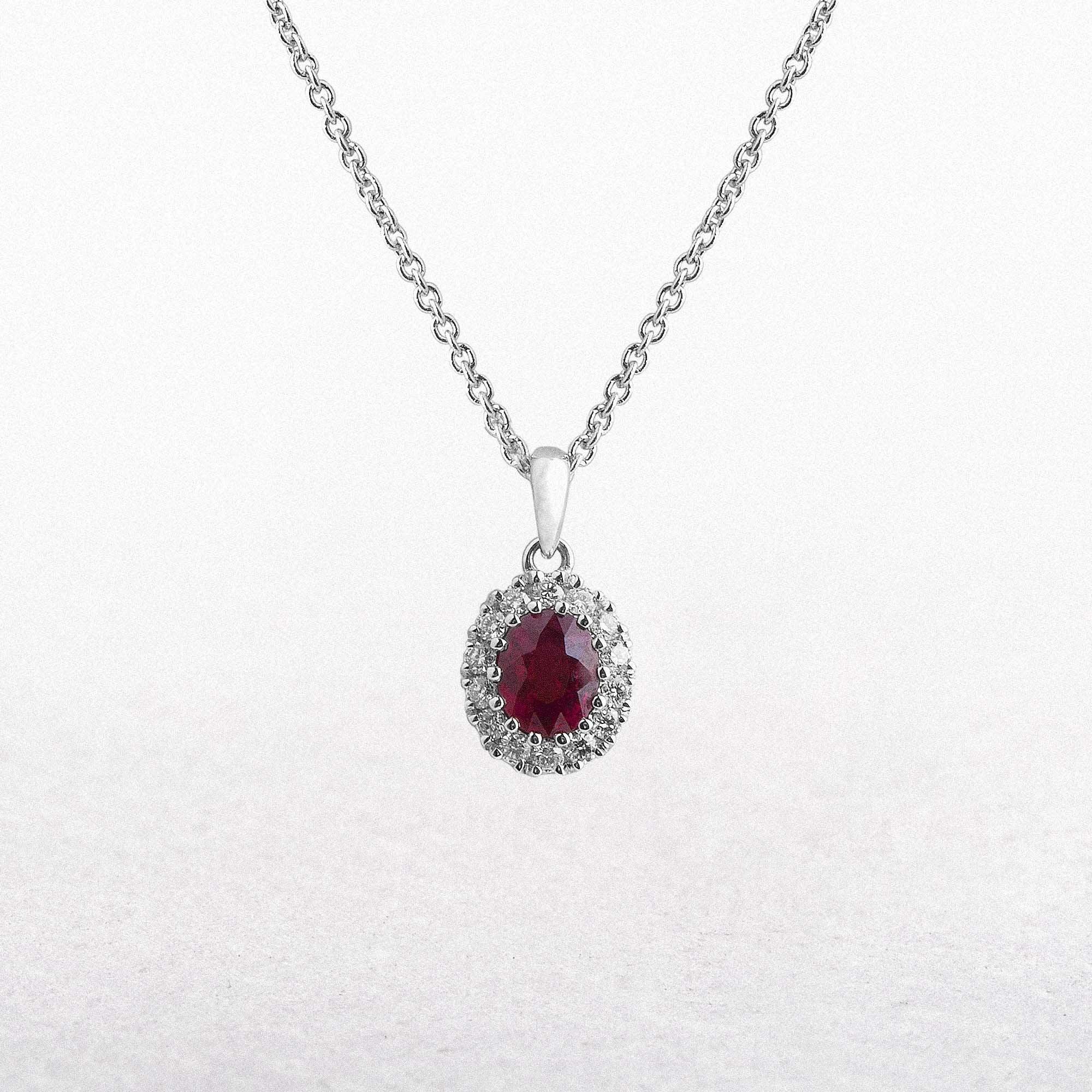 R0.44ct D0.11ct Ruby and Natural Diamond Cluster Pendant Set In 18ct White Gold