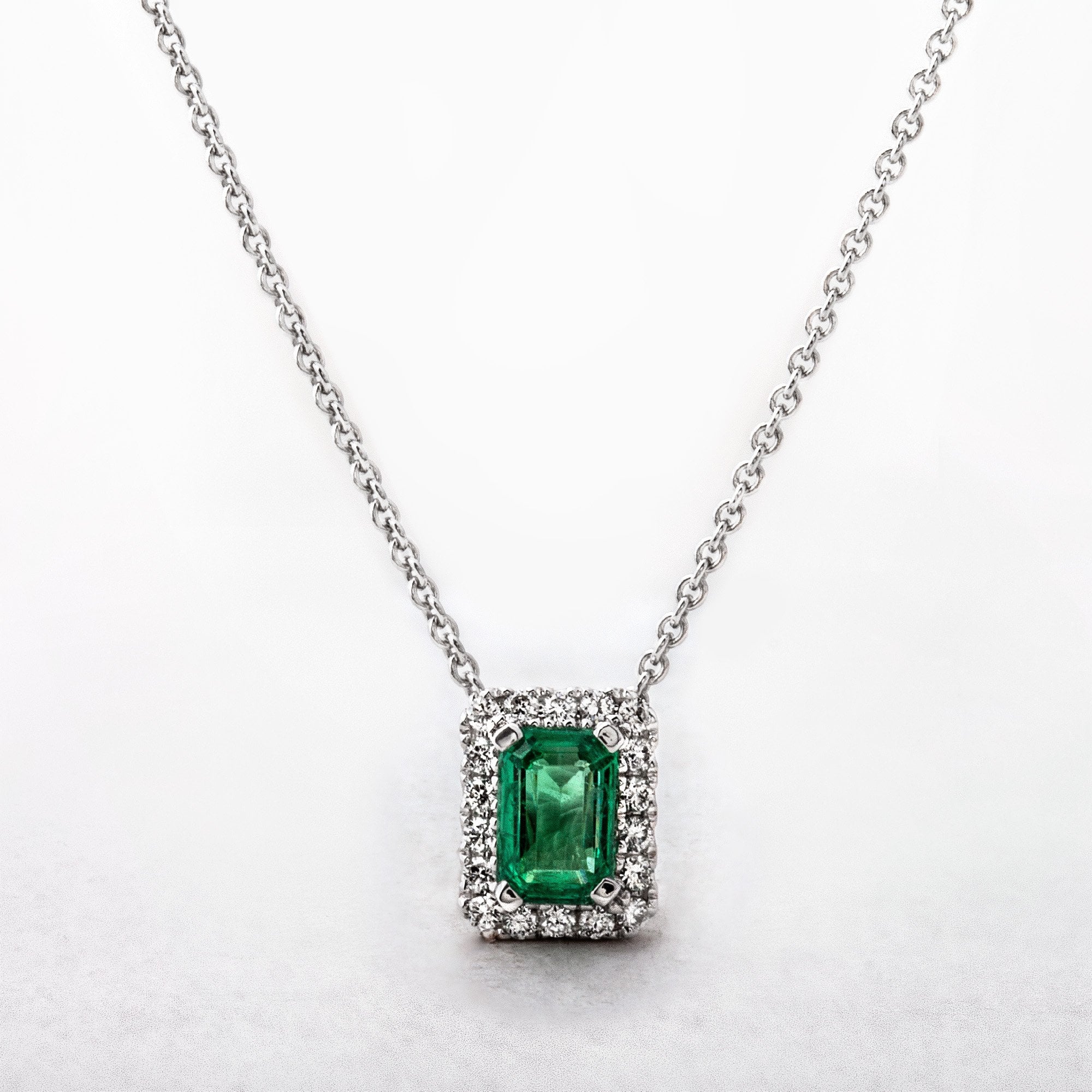 Rectangular 0.58ct Emerald and 0.14ct Diamond Pendant in 18ct Gold