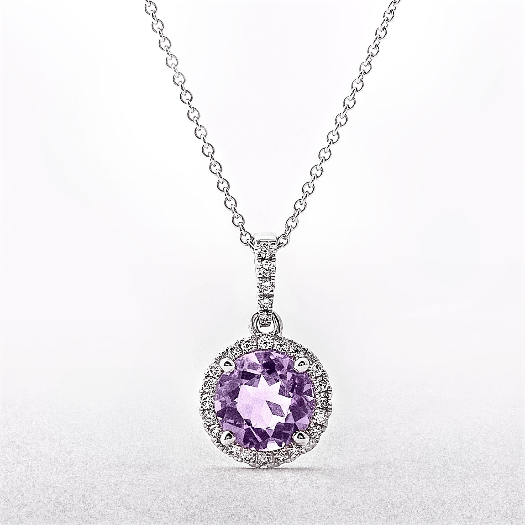 Round Amethyst & Diamond 18ct White Gold Cluster Pendant