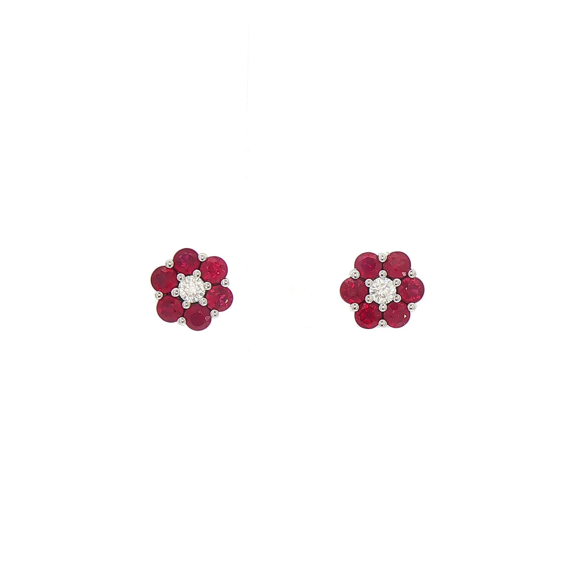 Ruby & Natural Diamond Flower Shape Stud Earrings in 18ct White Gold
