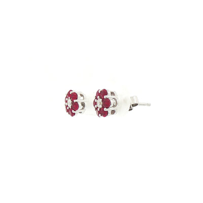 Ruby & Natural Diamond Flower Shape Stud Earrings in 18ct White Gold