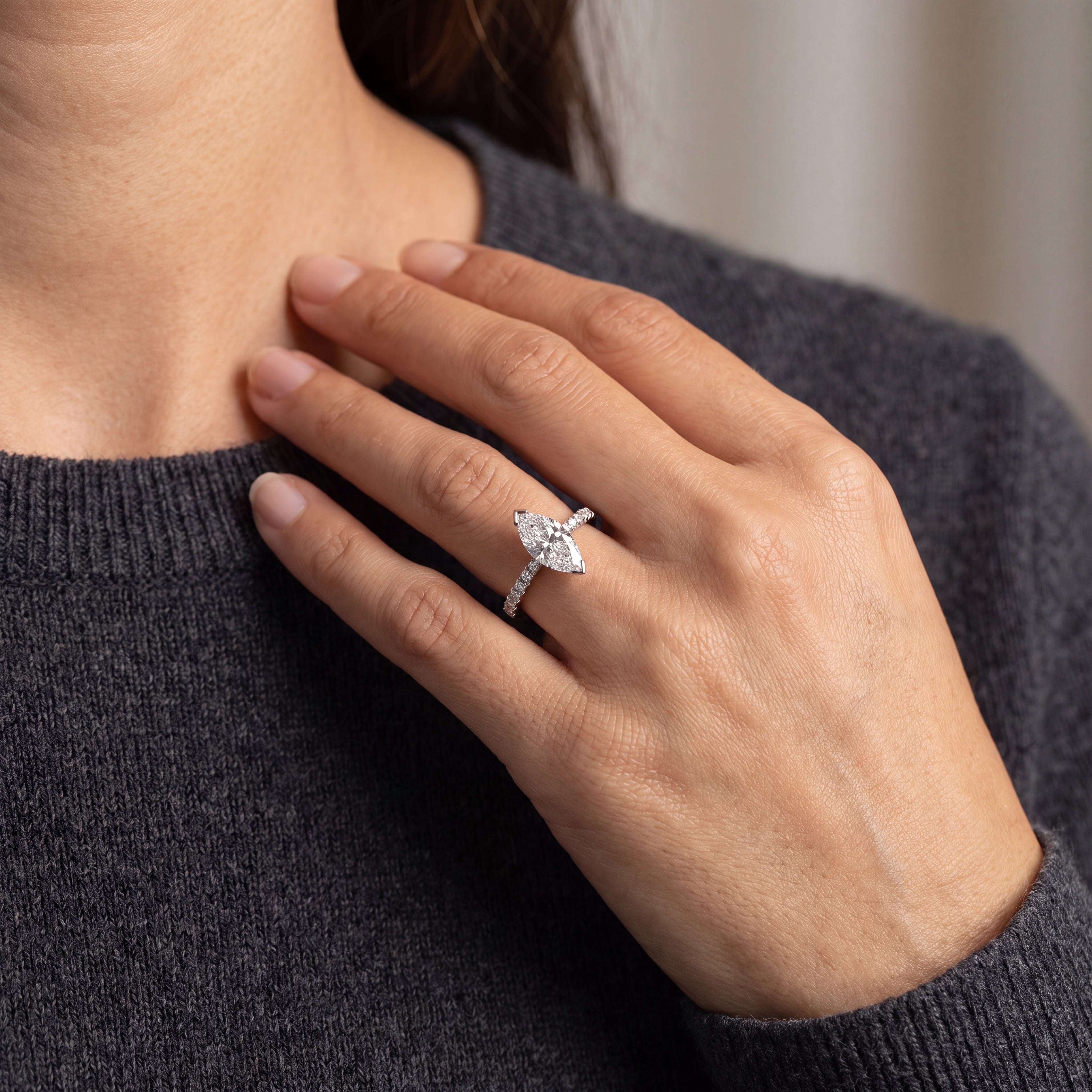 0.91ct E Vs1 Vintage Marquise Diamond Solitaire 18ct White Gold