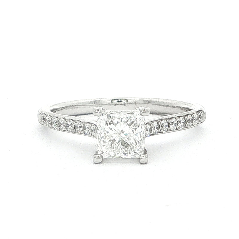 18ct White Gold Princess Cut Natural Diamond Solitaire Ring with Natural Diamond Shoulders