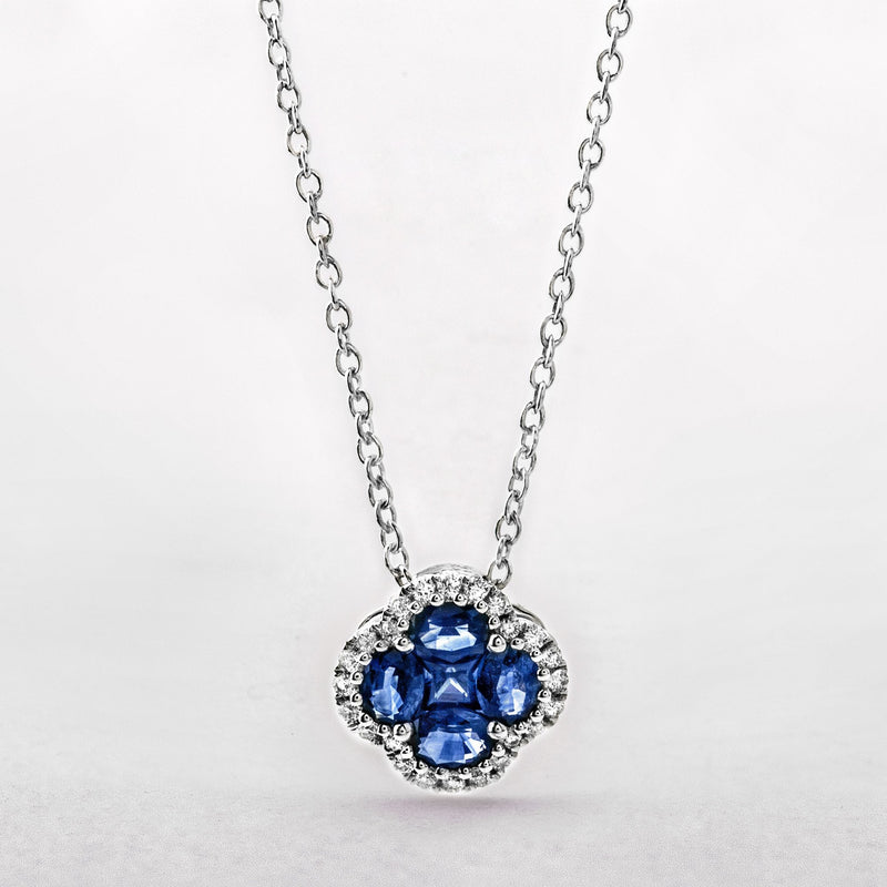 Sapphire and Diamond Cluster Multistone Pendant in 18ct White Gold