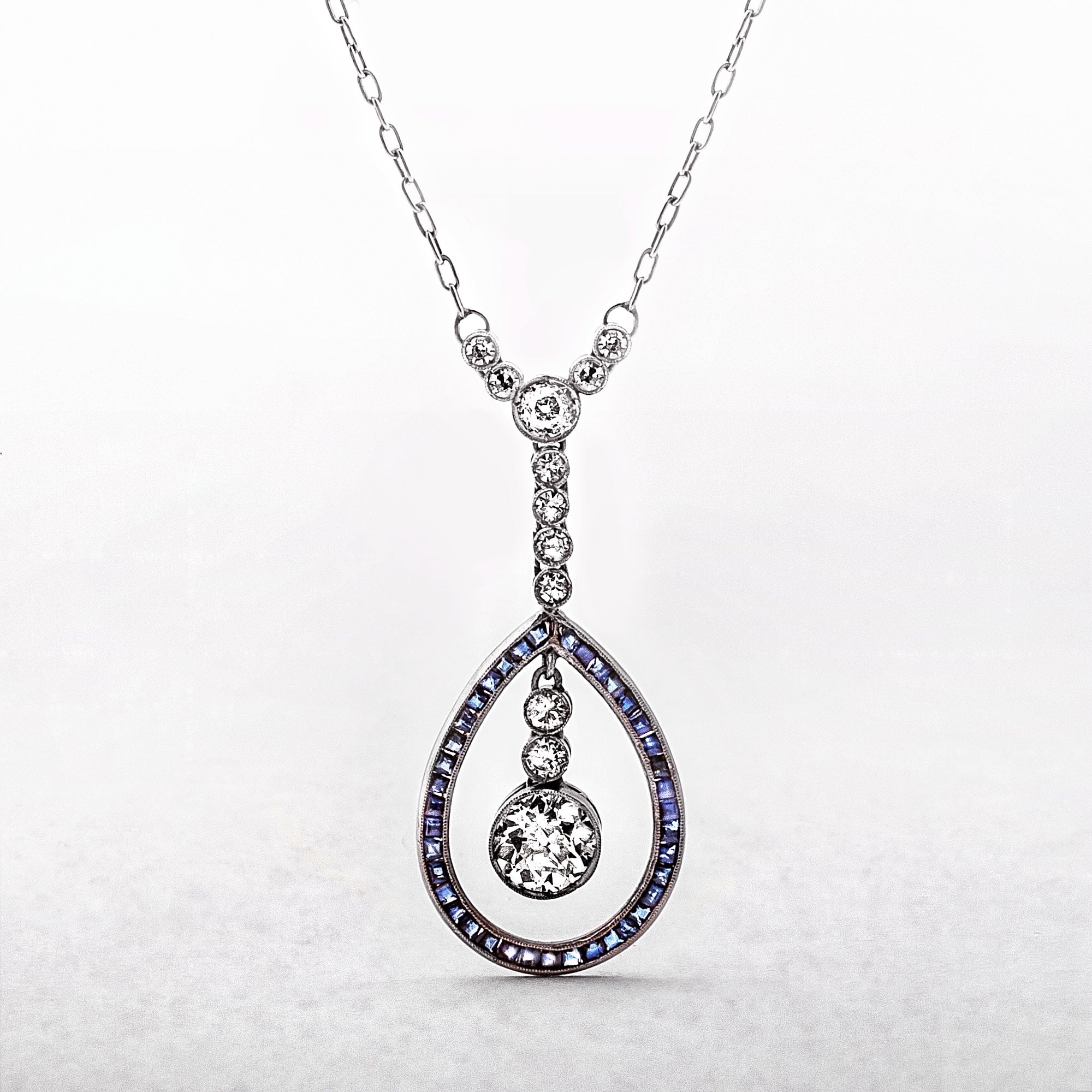 Sapphire & Diamond Pear Drop White Gold Pendant