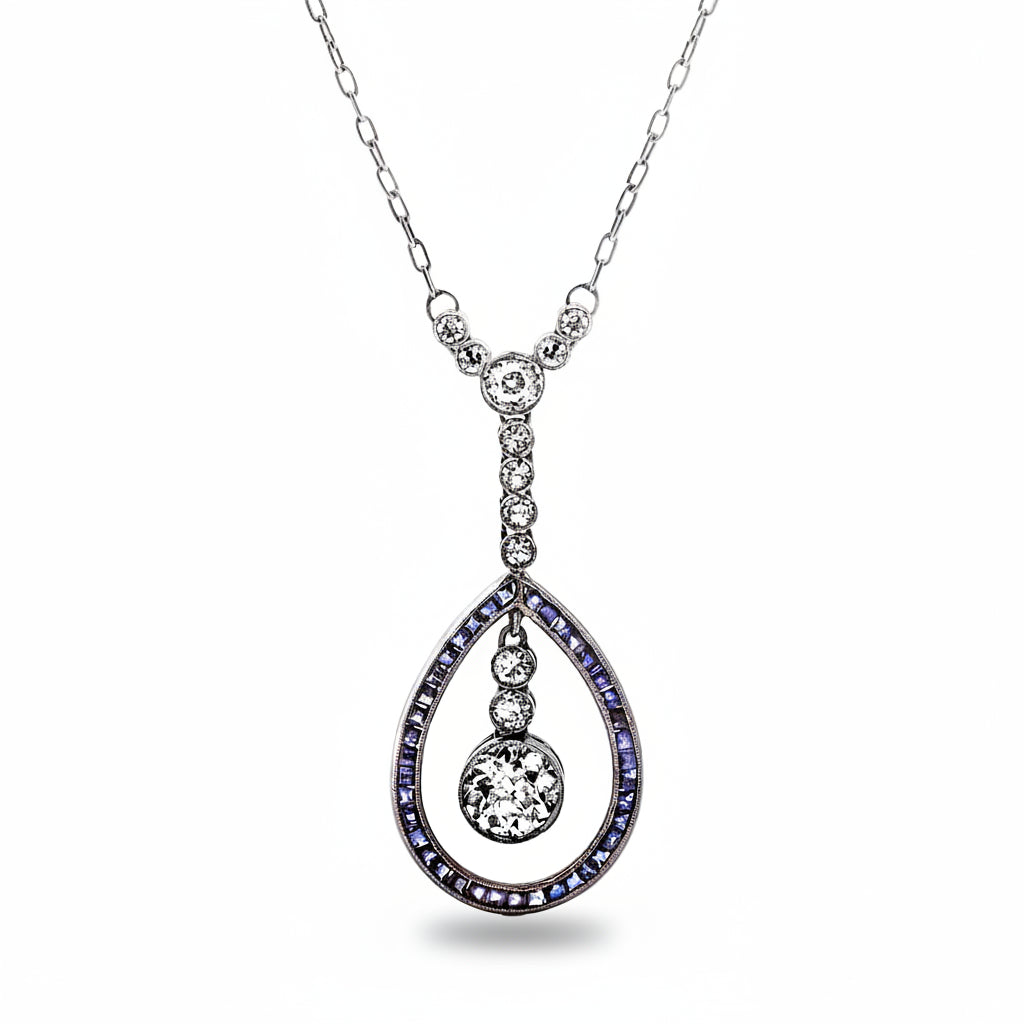 Sapphire & Diamond Pear Drop White Gold Pendant