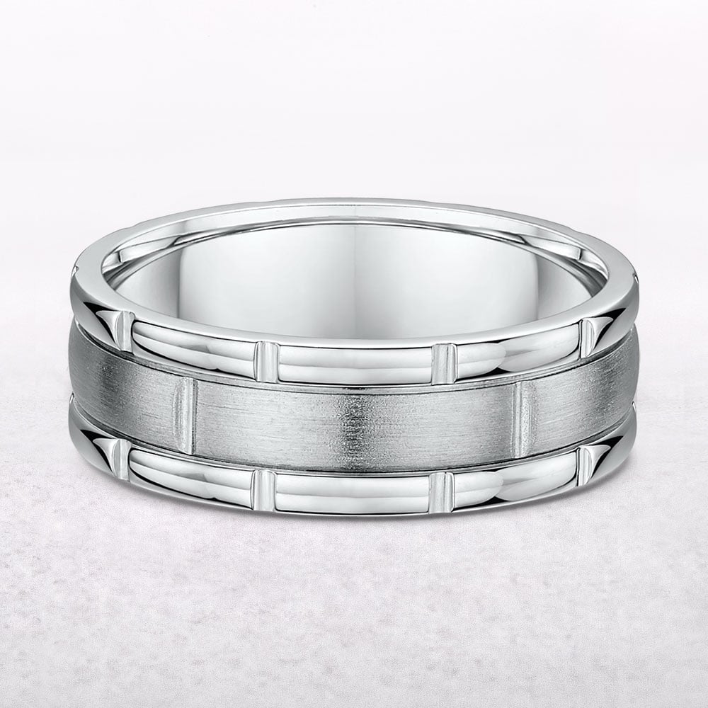 Satin & Polished Gents Fancy Design Wedding Band In 18ct White Gold