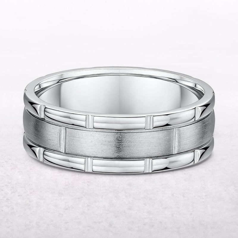 Satin & Polished Gents Fancy Design Wedding Band In 18ct White Gold