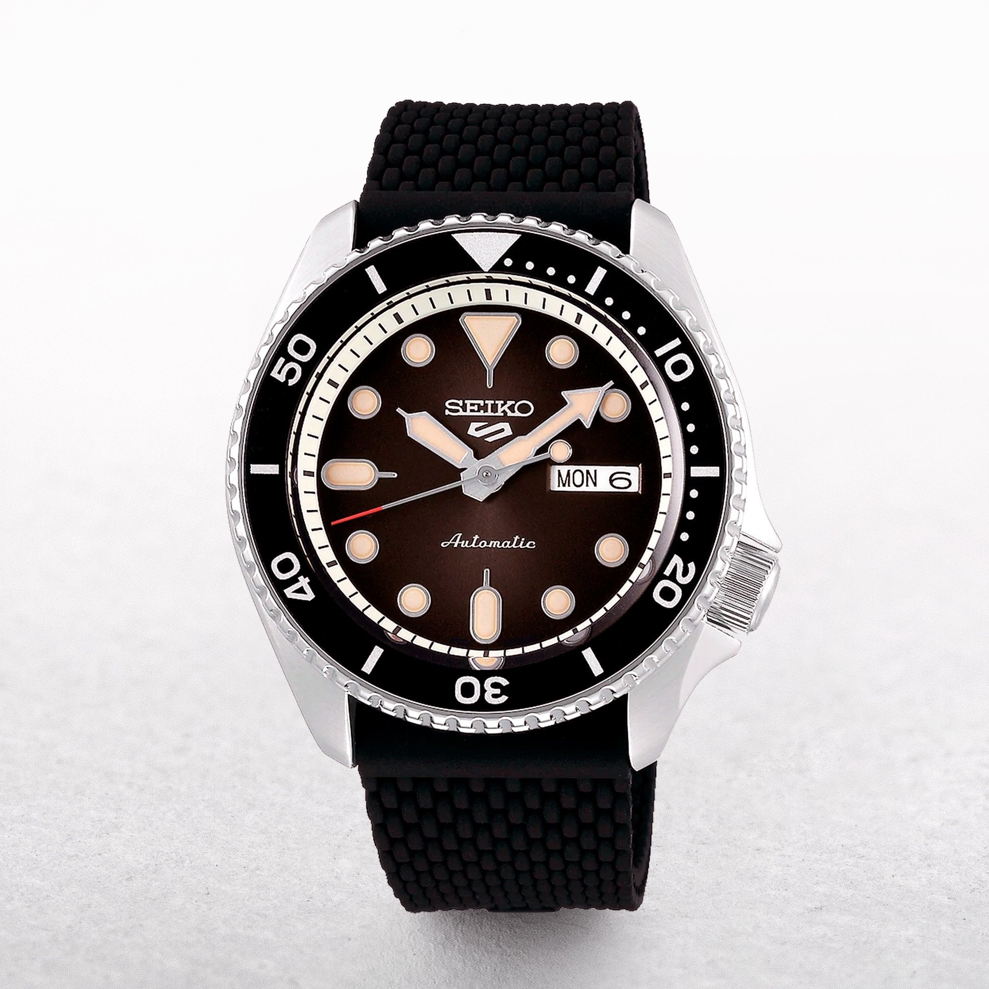 Seiko 5 Gents Black Dial Steel Watch with Silicone Strap