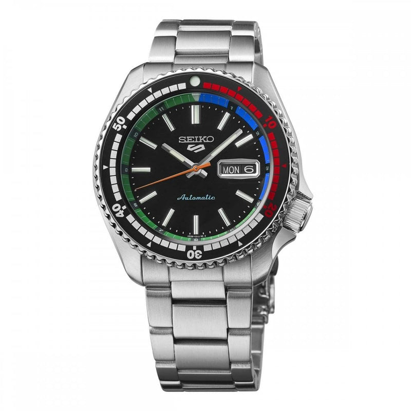 Seiko Gents 5 Sports Automatic Black Dial Accented With Green, Red, and Blue Details on Bracelet
