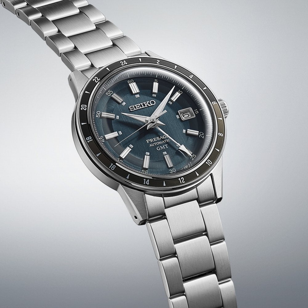 Seiko Gents Automatic GMT Petrol Blue Presage on Stainless Steel Bracelet