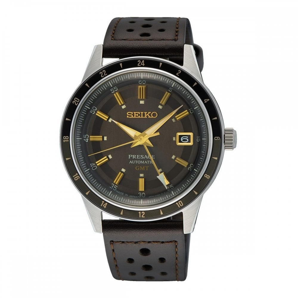 Seiko Gents FUME Automatic GMT Round Smokey Dark Grey Dial with Gold Hands on Leather Strap