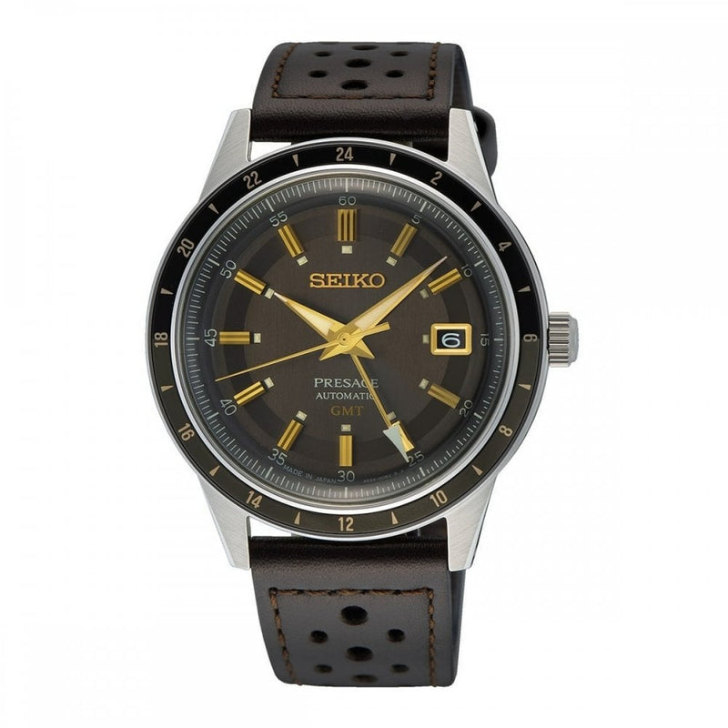 Seiko Gents FUME Automatic GMT Round Smokey Dark Grey Dial with Gold Hands on Leather Strap
