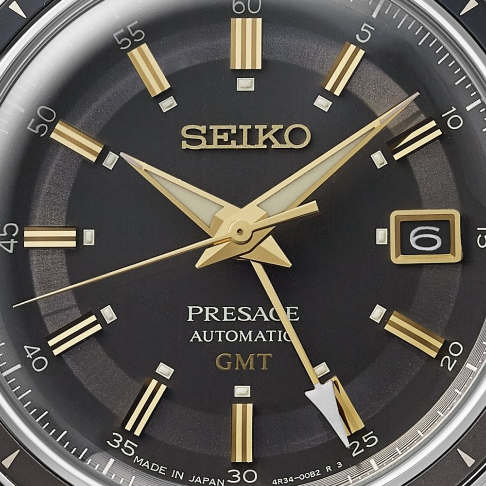 Seiko Gents FUME Automatic GMT Round Smokey Dark Grey Dial with Gold Hands on Leather Strap