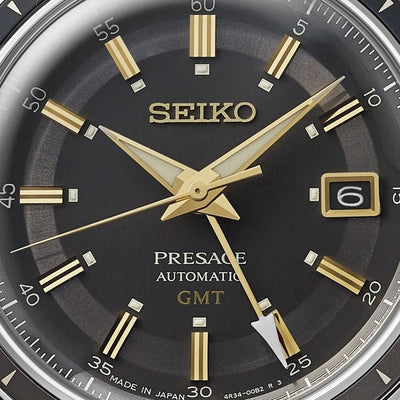 Seiko Gents FUME Automatic GMT Round Smokey Dark Grey Dial with Gold Hands on Leather Strap