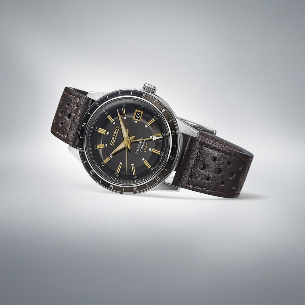 Seiko Gents FUME Automatic GMT Round Smokey Dark Grey Dial with Gold Hands on Leather Strap