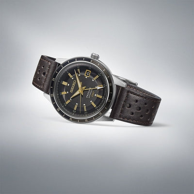 Seiko Gents FUME Automatic GMT Round Smokey Dark Grey Dial with Gold Hands on Leather Strap