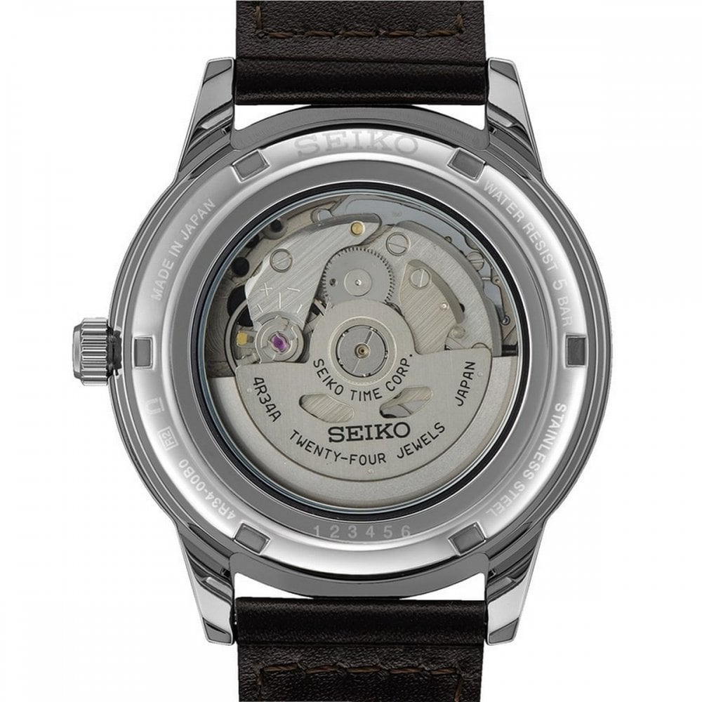 Seiko Gents FUME Automatic GMT Round Smokey Dark Grey Dial with Gold Hands on Leather Strap
