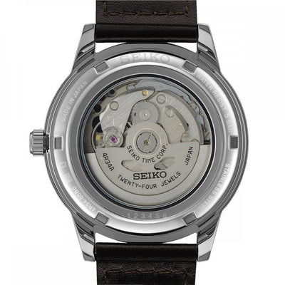 Seiko Gents FUME Automatic GMT Round Smokey Dark Grey Dial with Gold Hands on Leather Strap