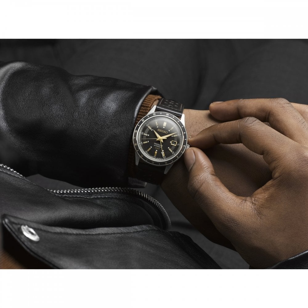 Seiko Gents FUME Automatic GMT Round Smokey Dark Grey Dial with Gold Hands on Leather Strap
