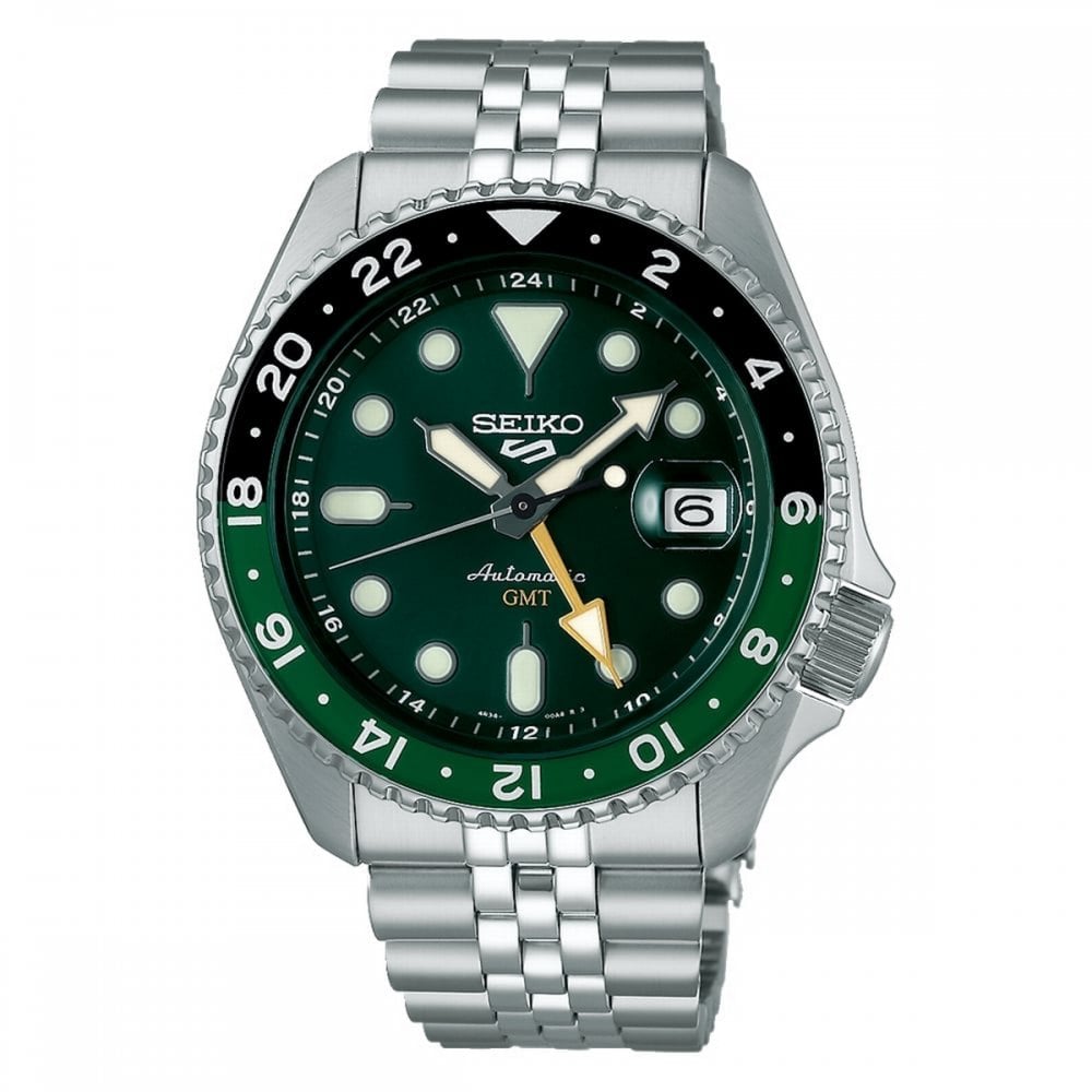 Seiko Gents GMT Automatic Green Dial with Black and Green Rotating Bezel on Stainless Steel Bracelet