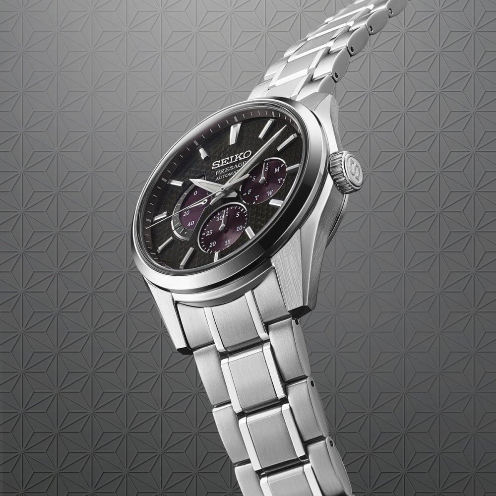 Seiko Gents Presage Sharp Edged 'Kurtotobi' Watch with Red Black Dial in Stainless Steel