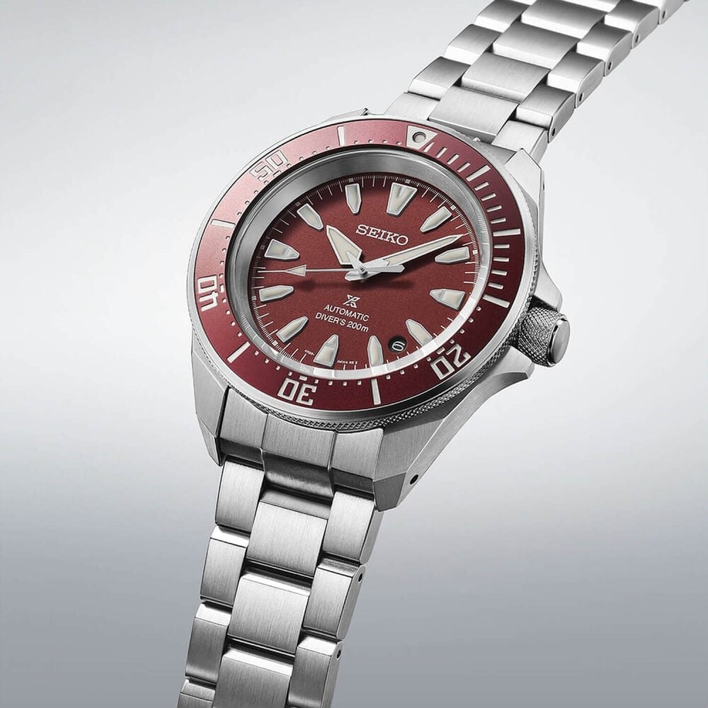 Seiko Gents Prospex Divers Watch with Red Dial in Stainless Steel