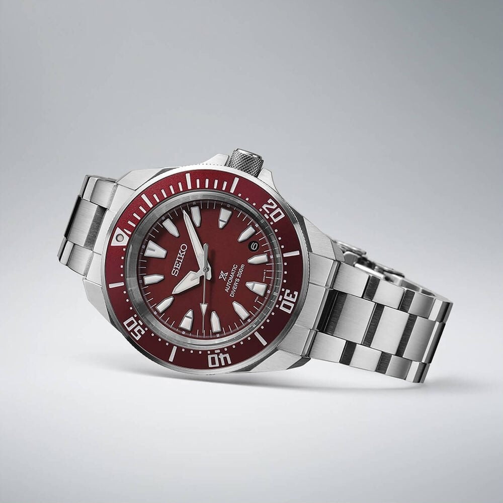 Seiko Gents Prospex Divers Watch with Red Dial in Stainless Steel