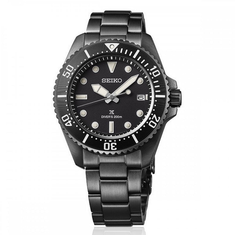Seiko Gents Prospex Solar Divers All Black Watch on Stainless Steel Bracelet