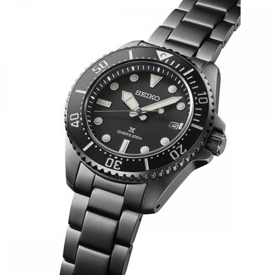 Seiko Gents Prospex Solar Divers All Black Watch on Stainless Steel Bracelet