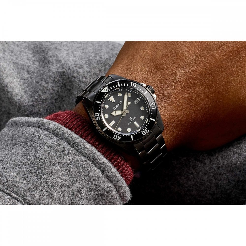 Seiko Gents Prospex Solar Divers All Black Watch on Stainless Steel Bracelet