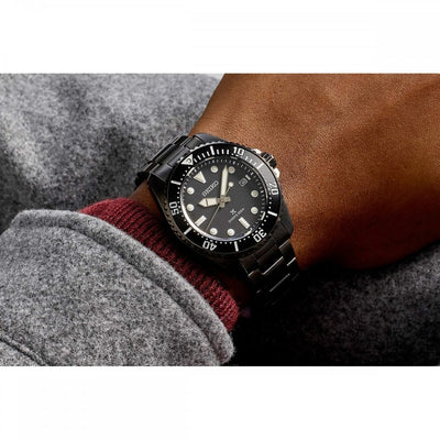 Seiko Gents Prospex Solar Divers All Black Watch on Stainless Steel Bracelet