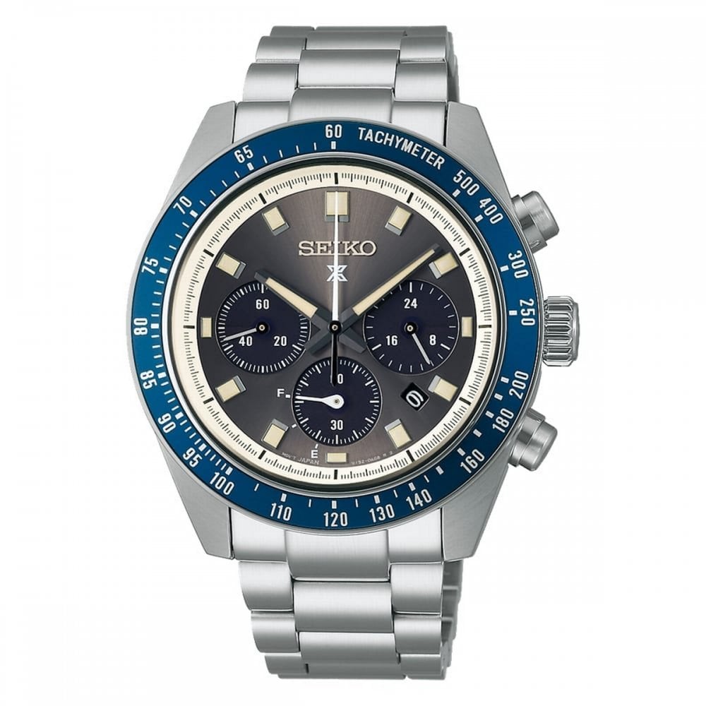 Seiko Gents Prospex Speedtimer Solar Grey Dial Chrono with Navy Bezel on Stainless Steel Bracelet